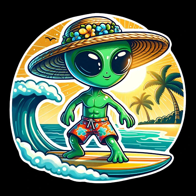 Funny little alien on surfboard