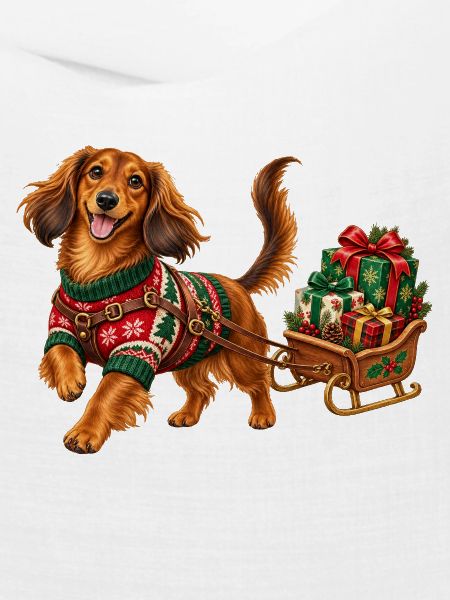 Weihnachtshund im Pullover mit Schlitten