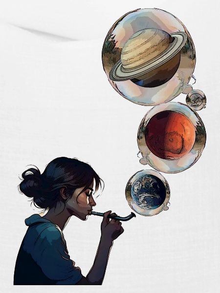 Kontemplative Frau mit kosmischen Planeten