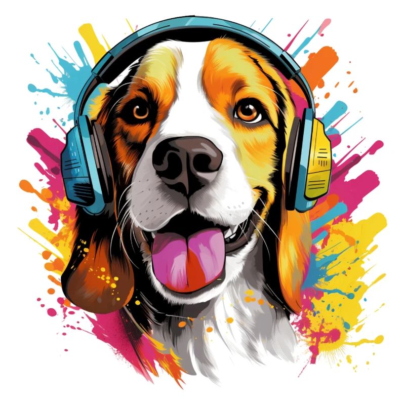 Bunter Beagle mit Kopfhörer Farbspritzer