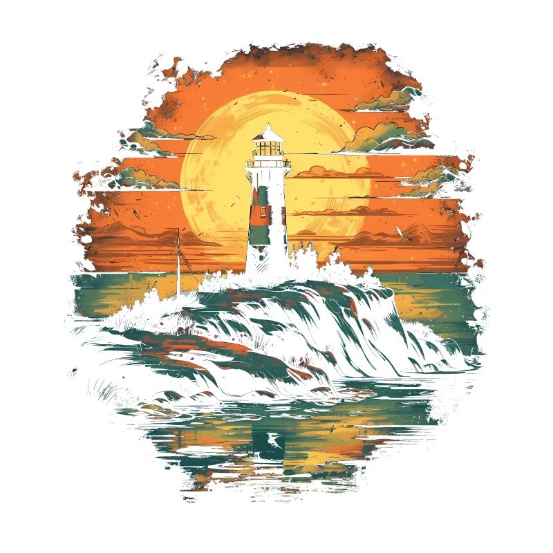 Phare devant le coucher du soleil dans la mer
