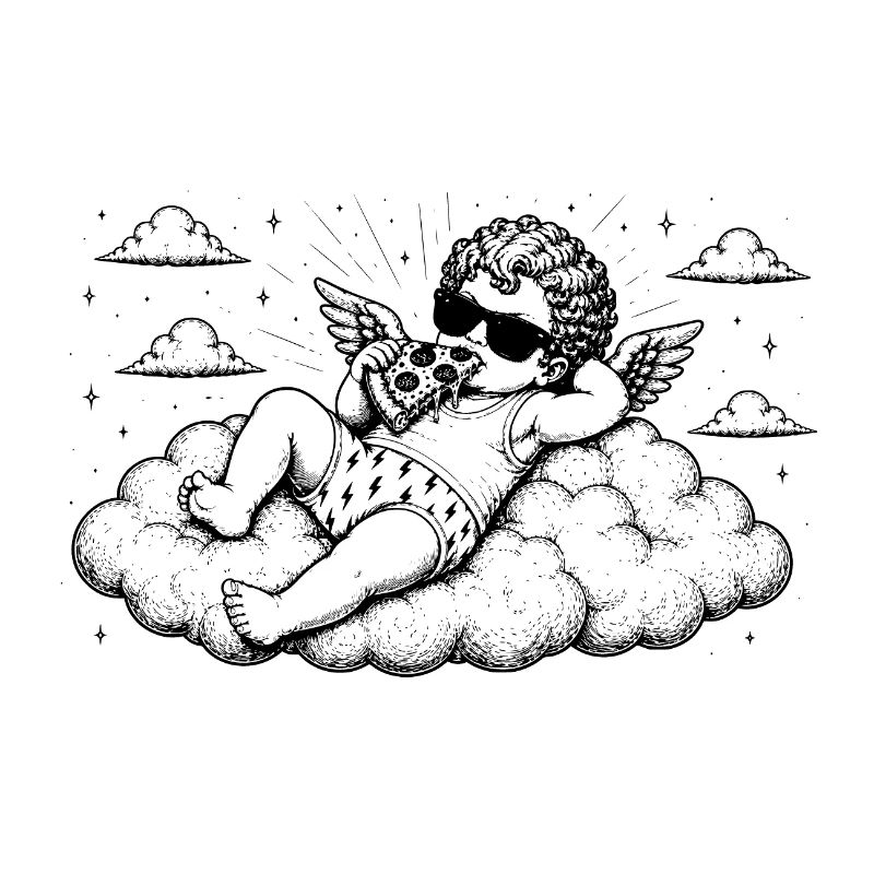 Cherub chills with pizza on cloud