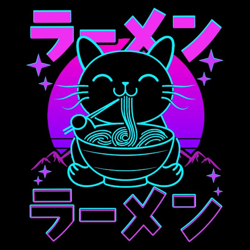 Rétro Kawaii Chat Mangeant Ramen