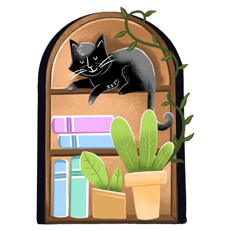 Cat on a dome shaped Bookshelf with plants