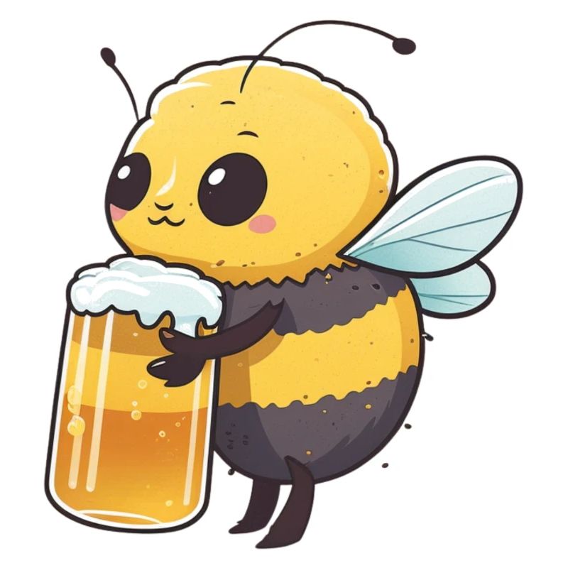 Cute bee drinks a big beer