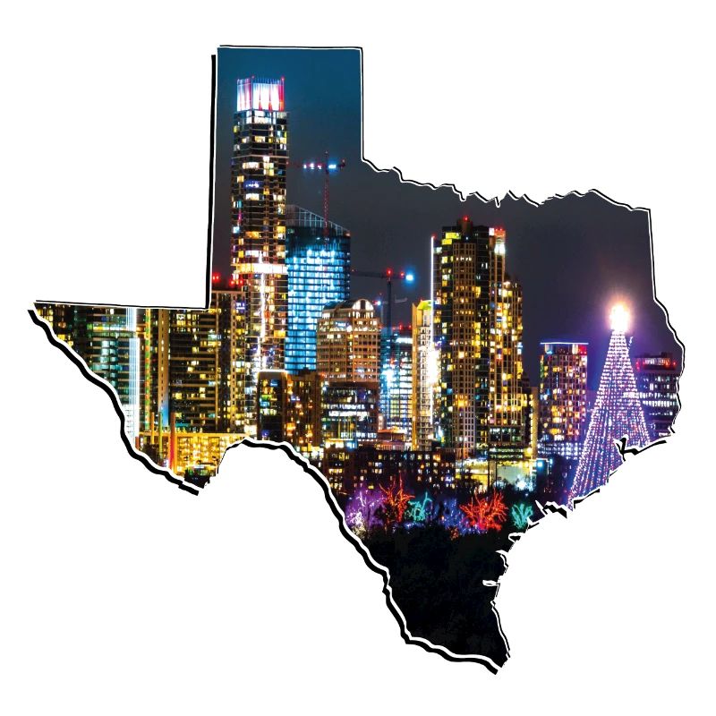 Austin Skyline in Texas State Map