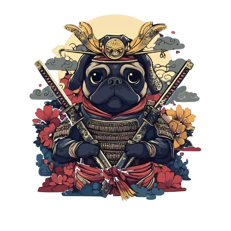 Samurai Mops Krieger mit Schwertern und Blüten