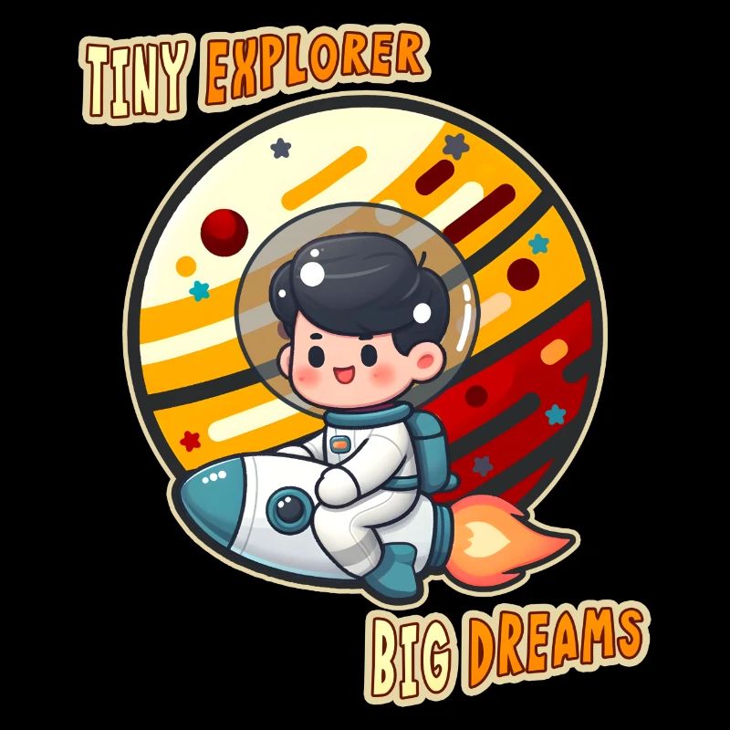 Tiny Cute Explorer, Astronaut Kid on a Rocket Tees