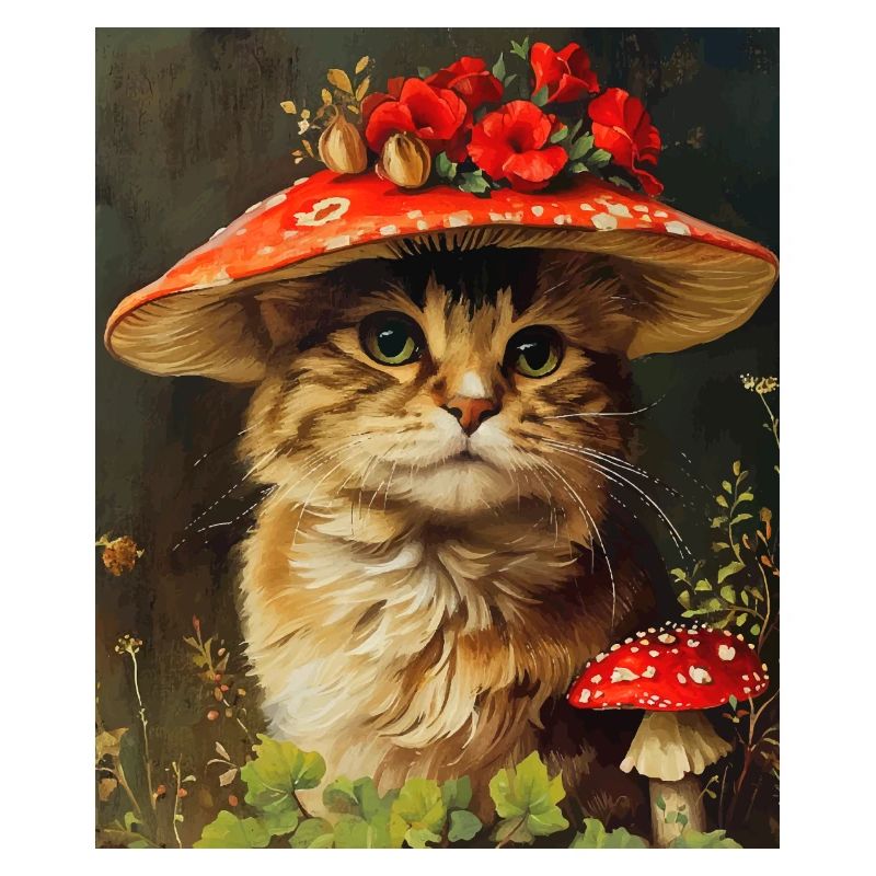 Chat Vintage dans un chapeau de fleur champignon Cottagecore
