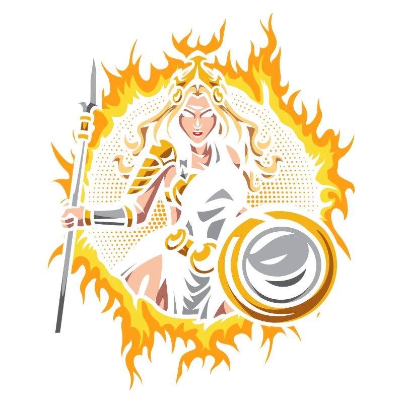 Athena with Halftone Gold Fire Background
