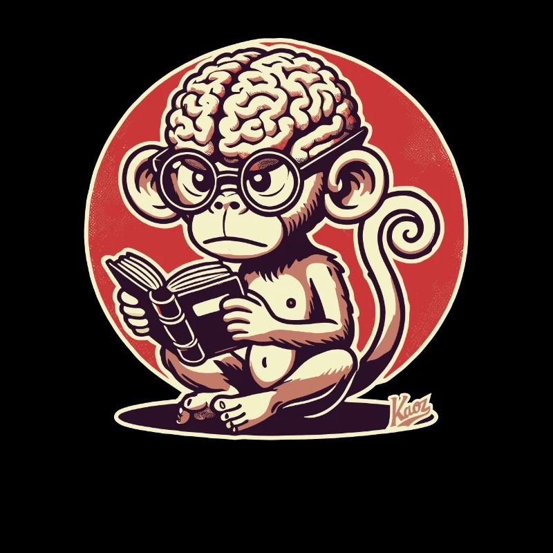 Nerd-Affe mit großem Geirn liest ein Buch
