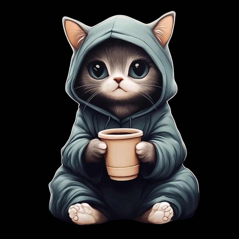 Mignon : Chat dans un sweat à capuche avec du café