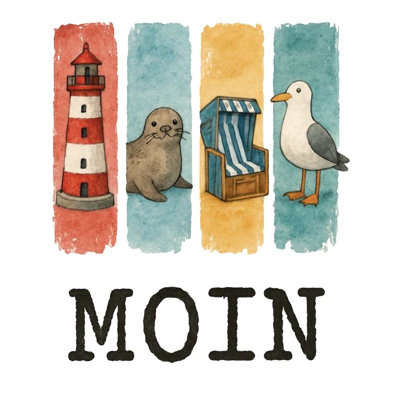 Moin Leuchtturm Robbe Strandkorb Möwe Küste