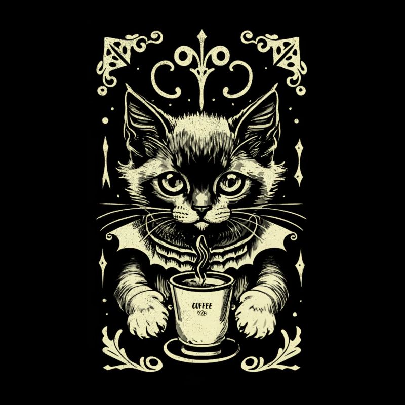 Gothic Cat Coffee Drinking Cute Kitten