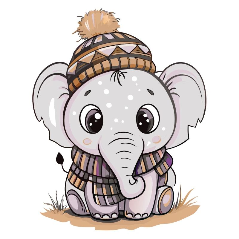 Éléphant mignon avec écharpe et chapeau à pompon.