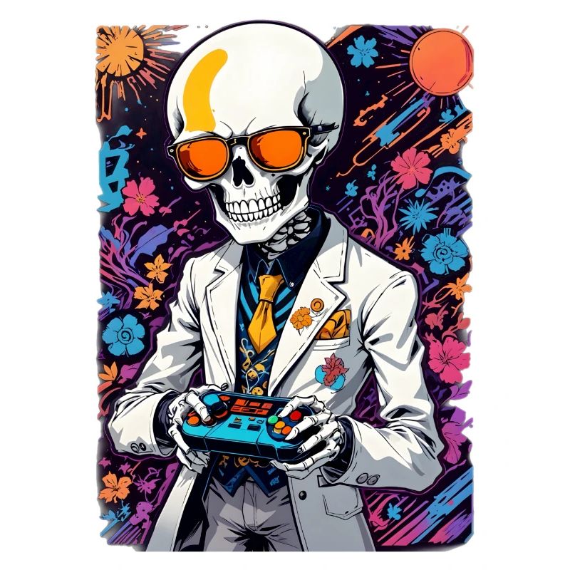 Retro Gamer Skeleton with Controller Console Games