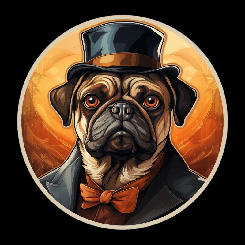 Mops mit Hut und Anzug Vintage