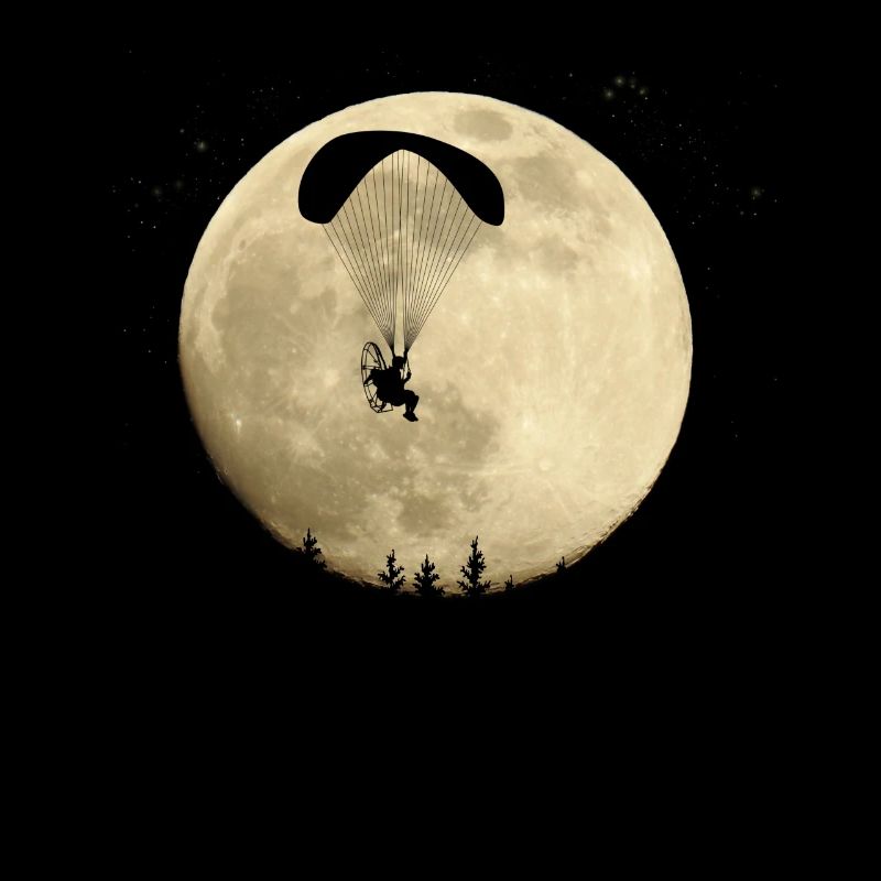 Paramotor flying in the full moon night flight stars