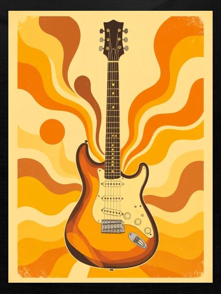 Psychedelische Retro-Gitarre mit lebendigen Siebzigern