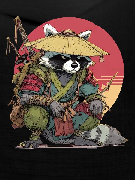 Waschbär-Samurai mit Strohhut