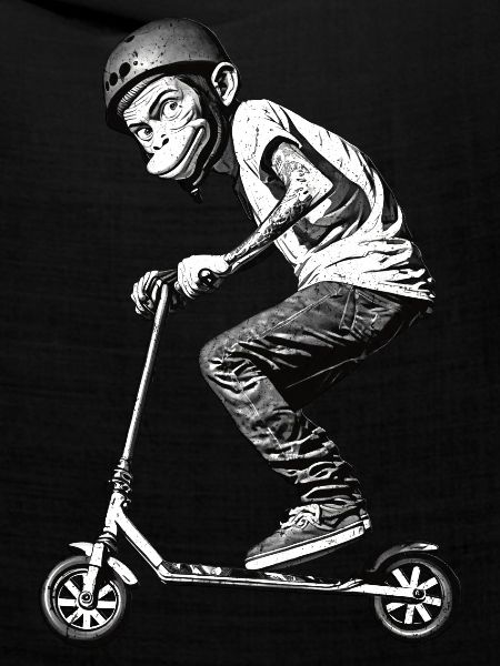 Stunt Scooter Affe macht Tricks
