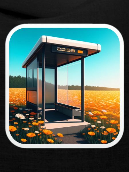 Bus stop in a field.