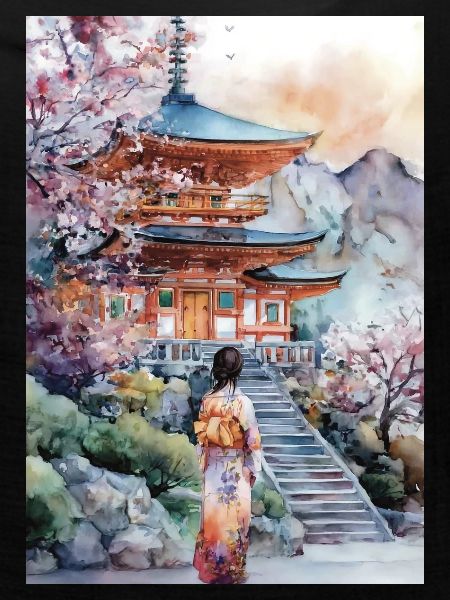 Kimono-Pagode und Kirschbäume
