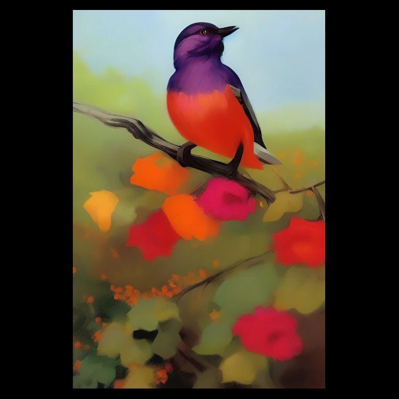 Vogel auf Ast mit bunten Blüten