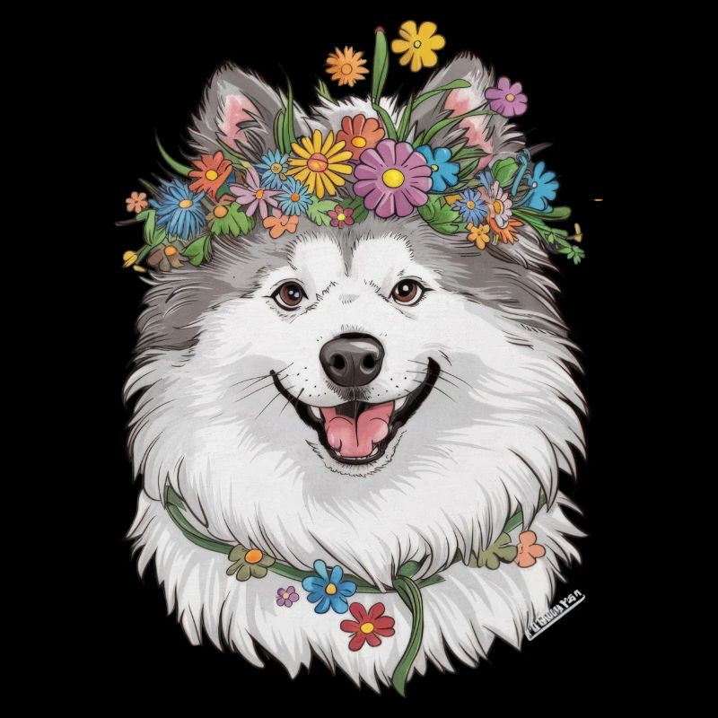 Chien Samoyède avec couronne de fleurs