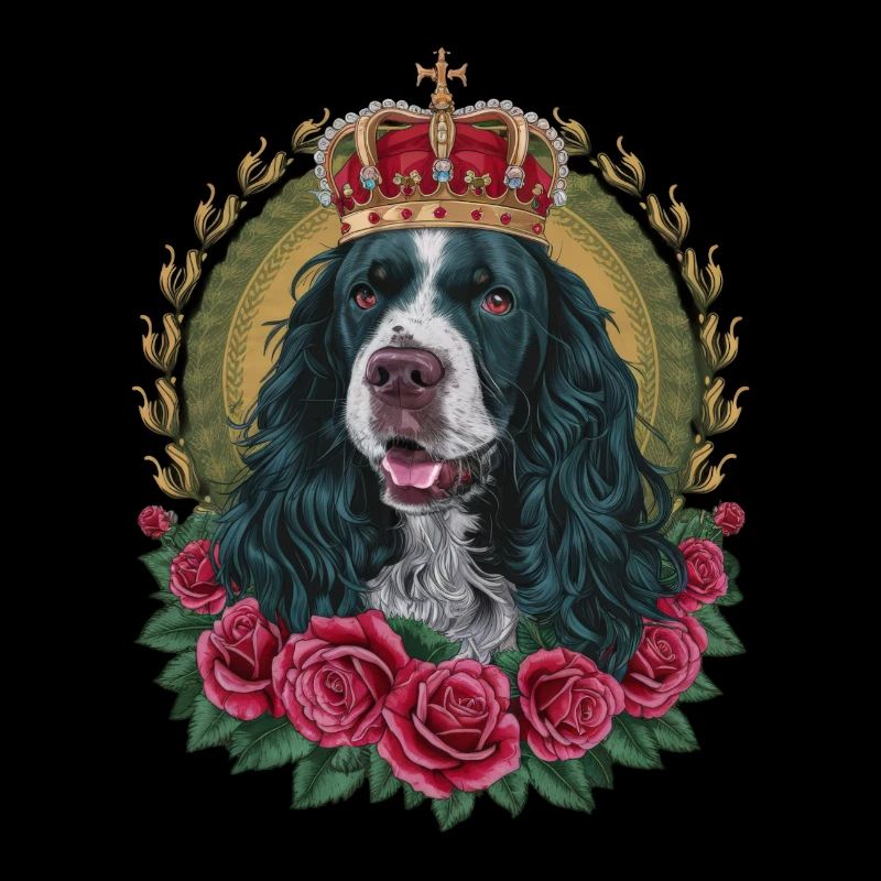 Cocker Spaniel avec couronne et roses
