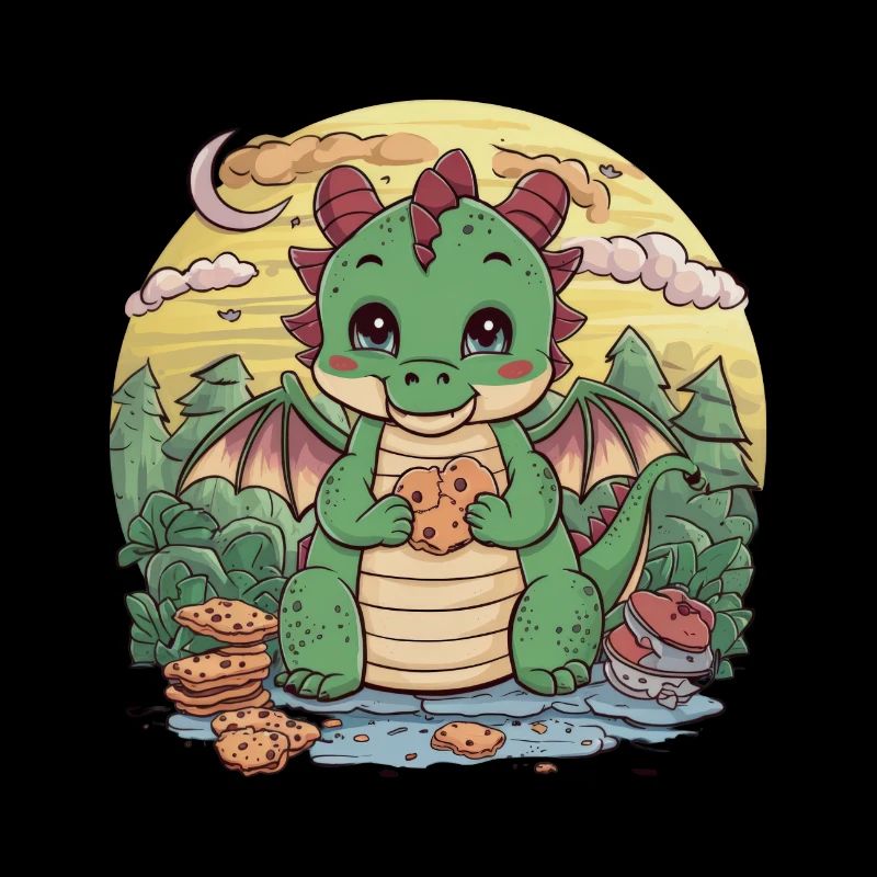 Mignon dragon de dessin animé avec des biscuits aux pépites de chocolat.