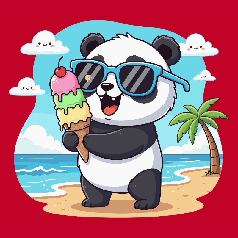 Panda am Strand mit Eiscreme