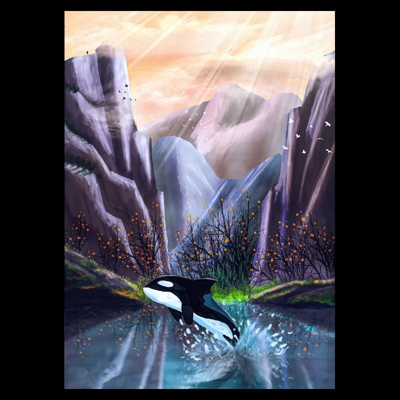 Orca jumping in mountain valley