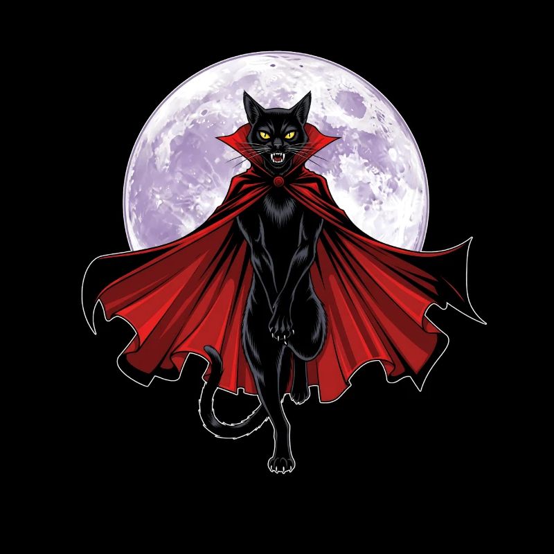 Chat vampire graphique avec cape devant une pleine lune
