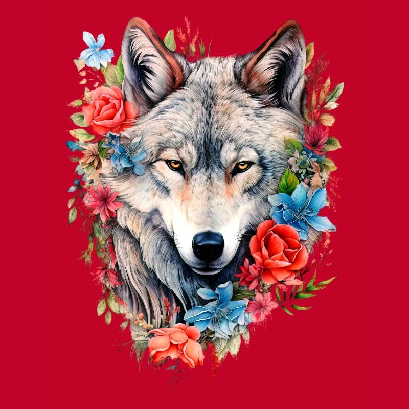 Wolf mit Blumen Mädchen