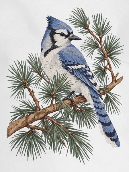 Blauer Eichelhäher auf Kiefernzweigen