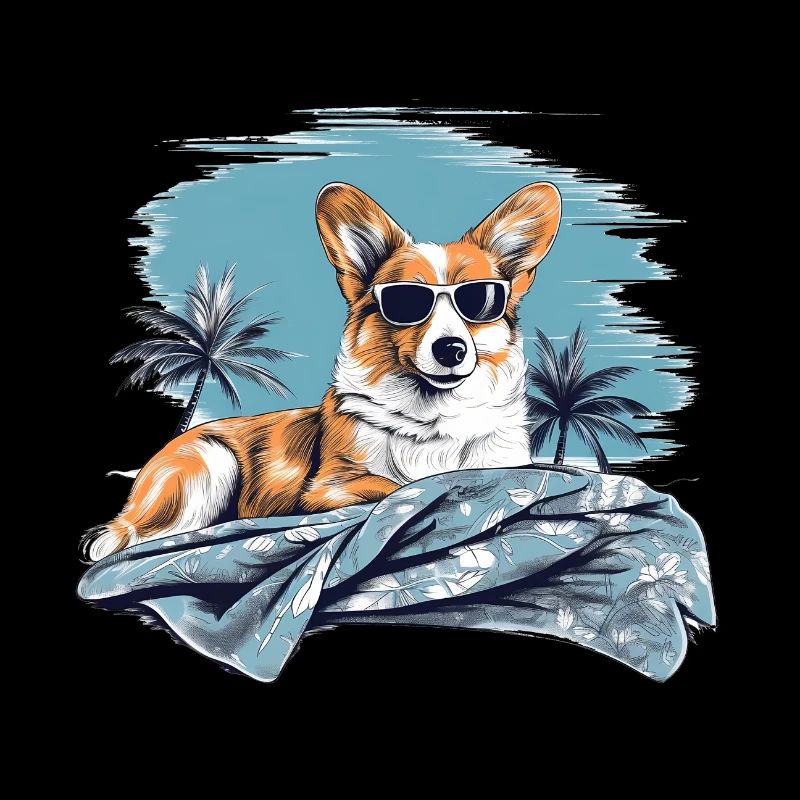 Corgi mit Sonnenbrille am Strand