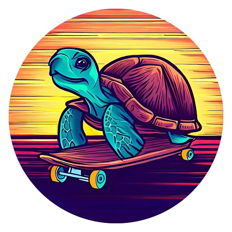 Turtle rides on a skateboard sunset