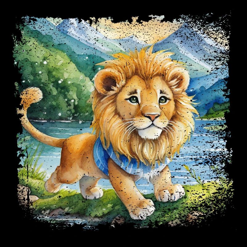 Cute young lion happily playing by the river
