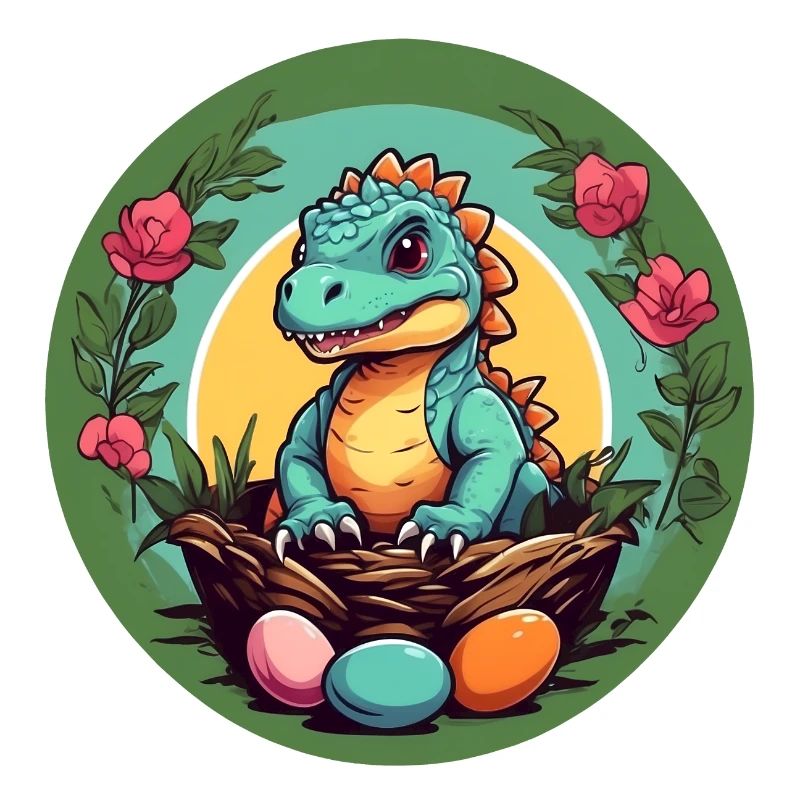 Dinobaby little dinosaur in Easter basket