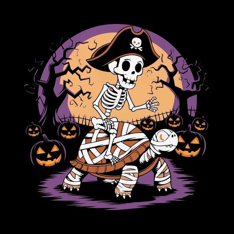 Skeleton riding a turtle on Halloween