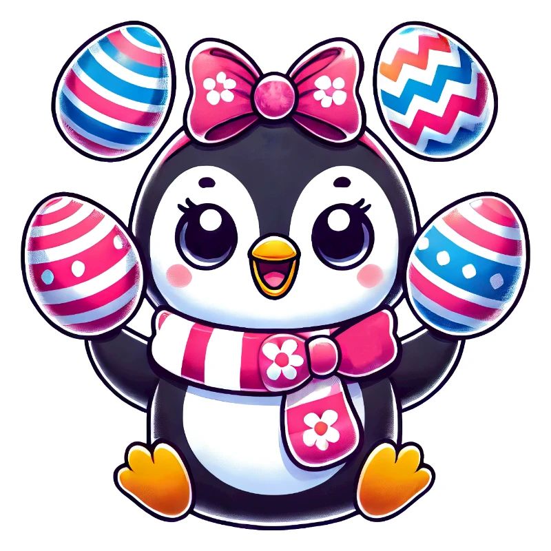 Easter penguin juggles colorful Easter eggs