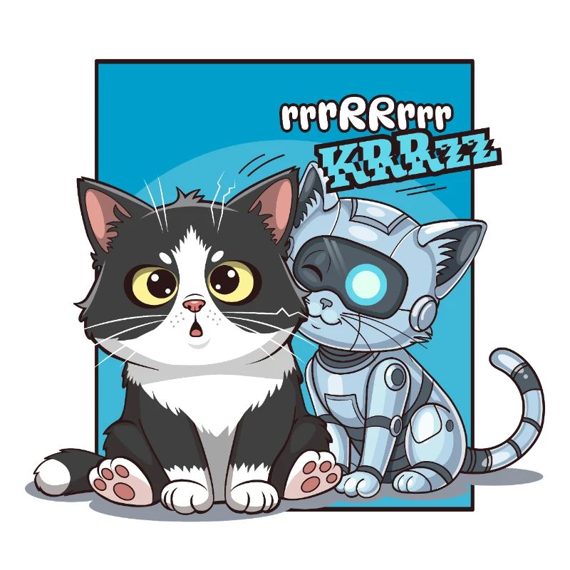 Cat and robot, humor, cartoon, comics