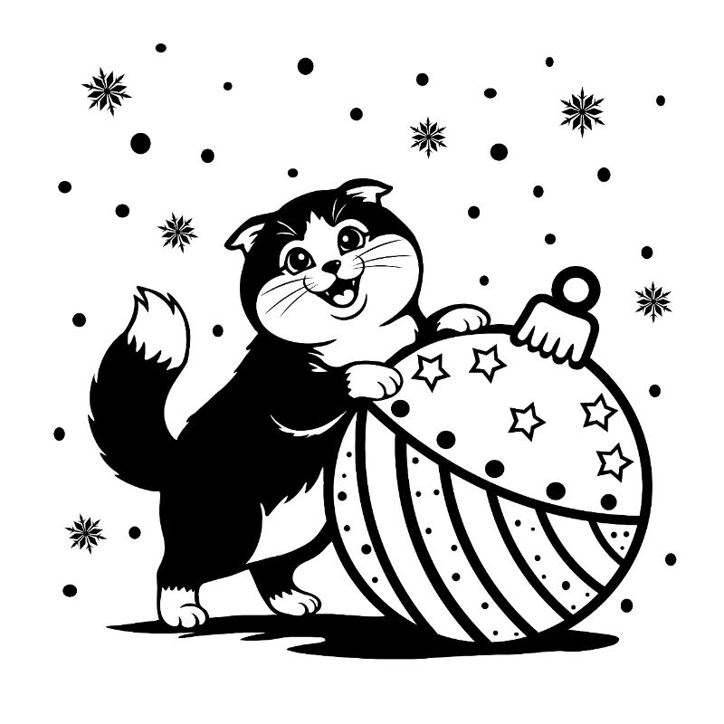 Süße flauschige Katze mit einer großen Weihnachtskugel