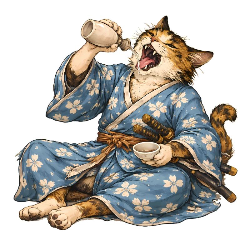 Samurai-Katzen-Sake im japanischen Ukiyo-e-Stil