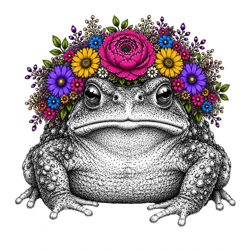 Crapaud avec couronne de fleurs