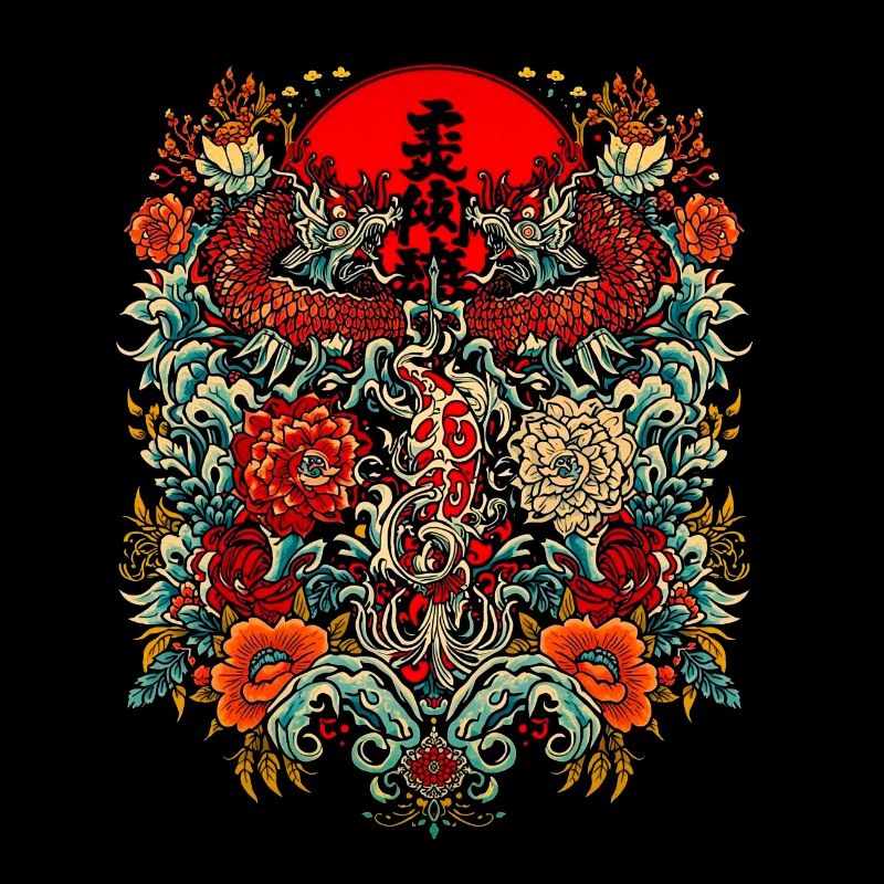 Dragon and flowers around solar