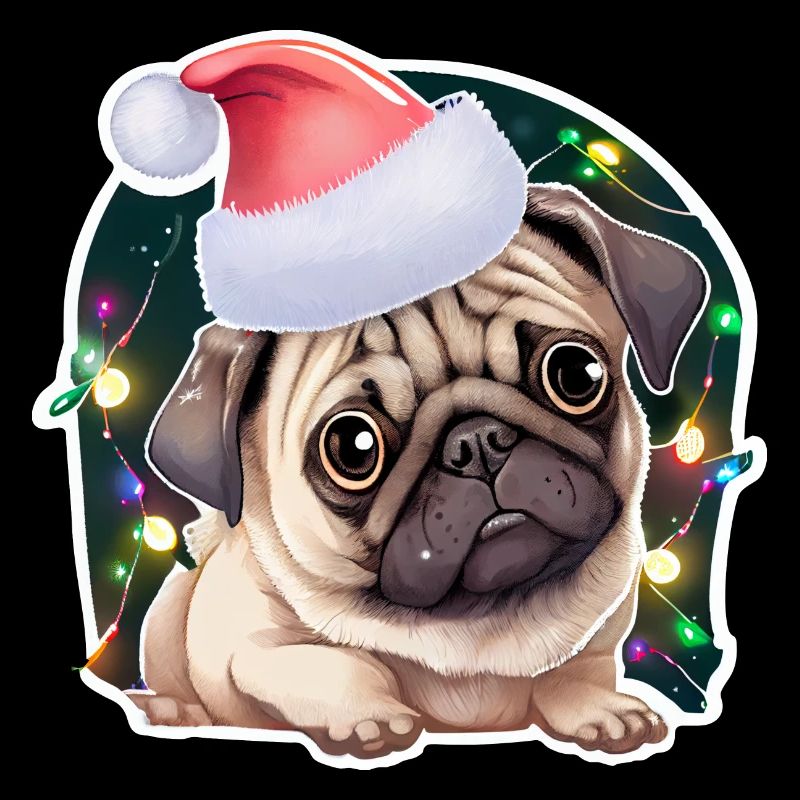 Mops mit weihnachtsmütze und lichterkette