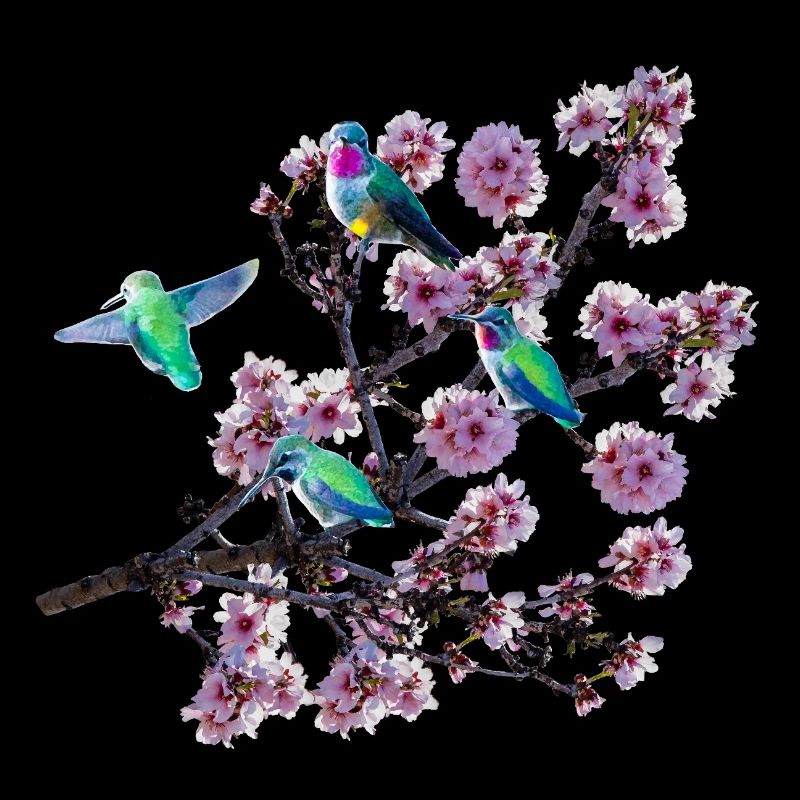 Colibri sous différents angles, fleurs d’amandier