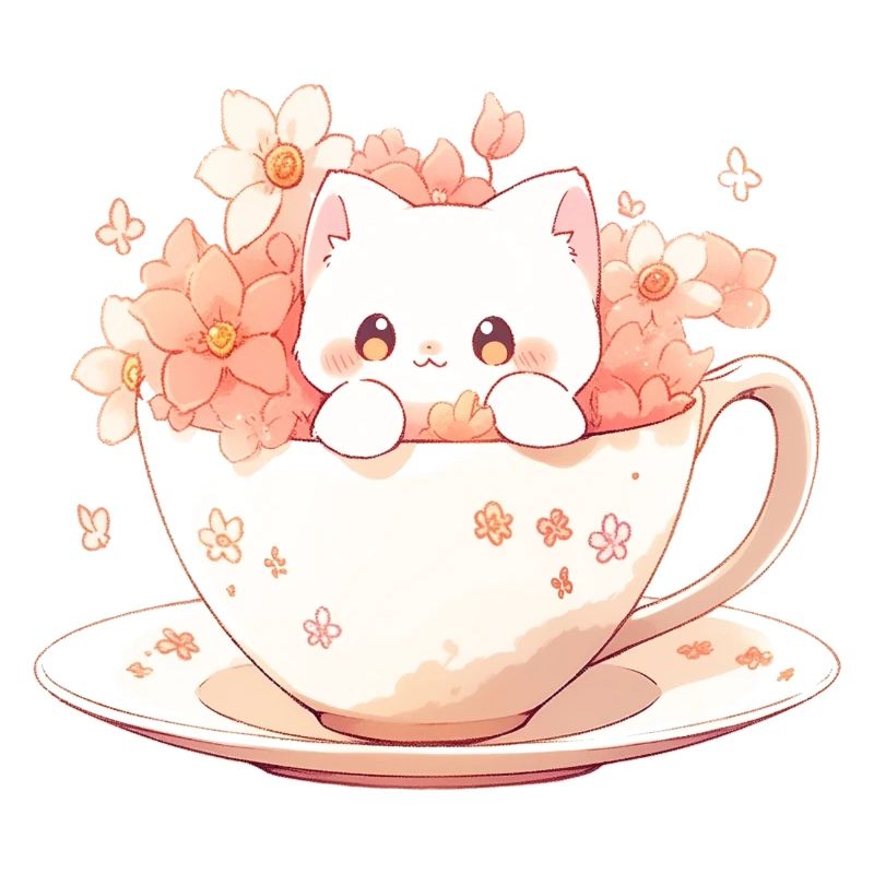 Chat blanc mignon dans une tasse de thé avec des fleurs